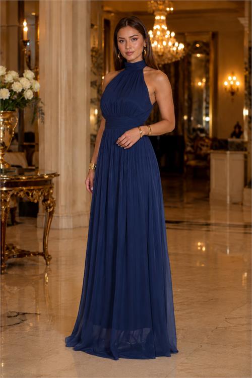 Neşeli butik kadın lacivert halter yaka janjan kumaş premium abiye elbise NBMY4128 