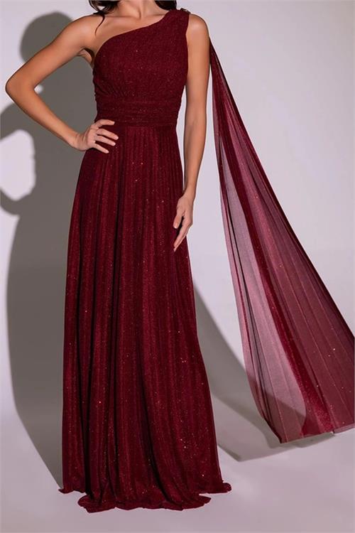 Neşeli butik kadın bordo tek omuz pilise detaylı simli tül kumaş abiye elbise NBSWLL16 