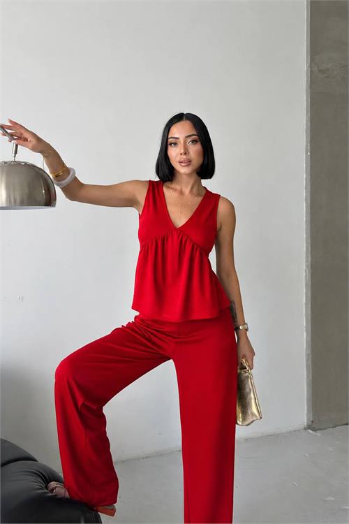 Neşeli butik kadın kırmızı modal kumaş volanlı atlet geniş paça pantolon yazlık ikili takım NBG132 