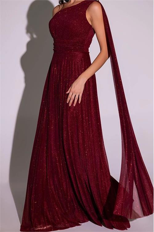 Neşeli butik kadın bordo tek omuz pilise detaylı simli tül kumaş abiye elbise NBSWLL16 