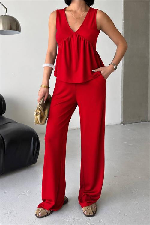 Neşeli butik kadın kırmızı modal kumaş volanlı atlet geniş paça pantolon yazlık ikili takım NBG132 