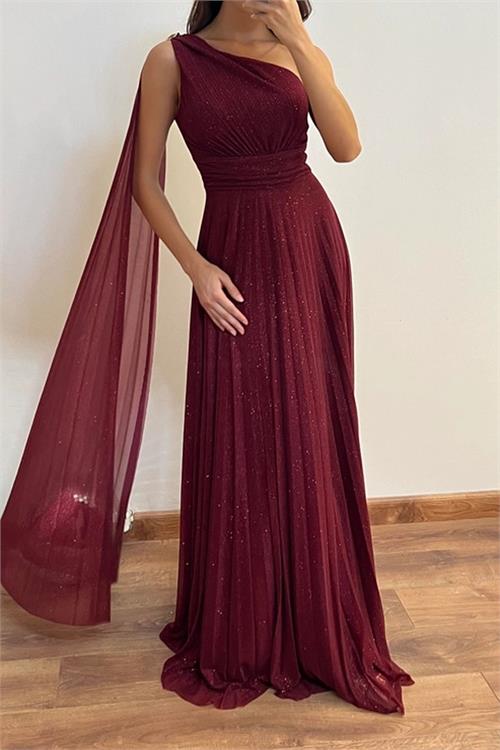 Neşeli butik kadın bordo tek omuz pilise detaylı simli tül kumaş abiye elbise NBSWLL16 