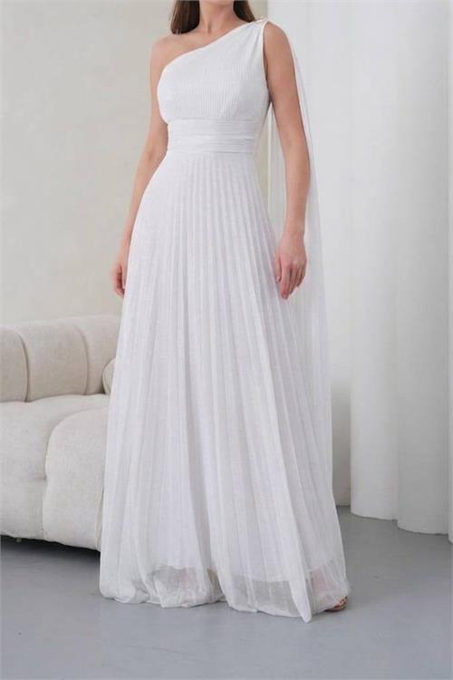 Neşeli butik kadın beyaz tek omuz pilise detaylı simli tül kumaş abiye elbise NBSWLL16 
