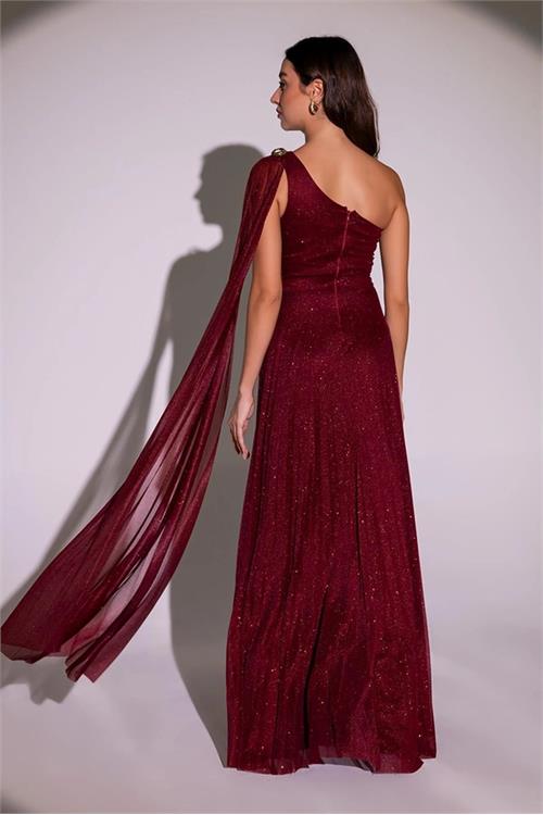 Neşeli butik kadın bordo tek omuz pilise detaylı simli tül kumaş abiye elbise NBSWLL16 