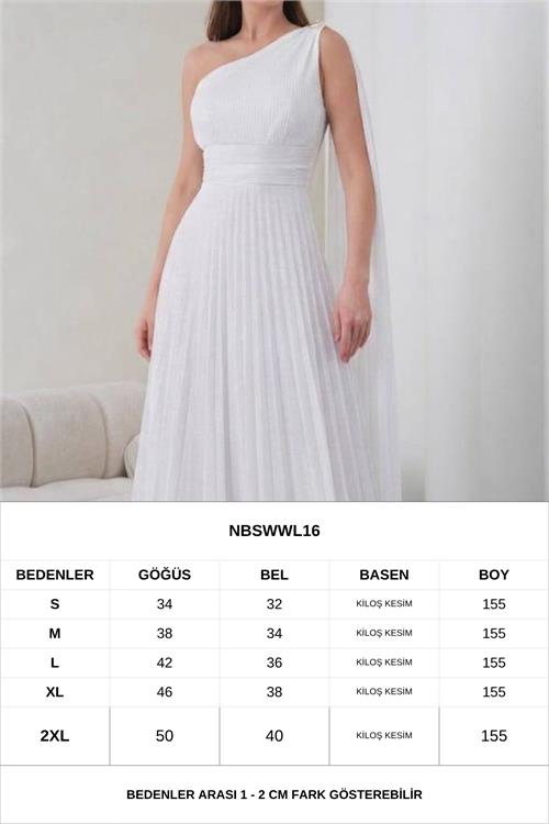Neşeli butik kadın beyaz tek omuz pilise detaylı simli tül kumaş abiye elbise NBSWLL16 