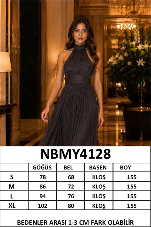 Neşeli butik kadın acı kahve halter yaka janjan kumaş premium abiye elbise NBMY4128 