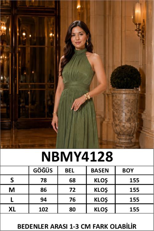 Neşeli butik kadın olive yeşil halter yaka janjan kumaş premium abiye elbise NBMY4128 
