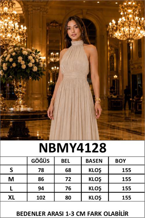 Neşeli butik kadın taş rengihalter yaka janjan kumaş premium abiye elbise NBMY4128 