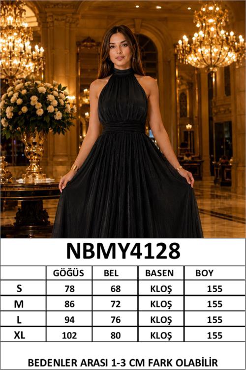 Neşeli butik kadın siyah halter yaka janjan kumaş premium abiye elbise NBMY4128 