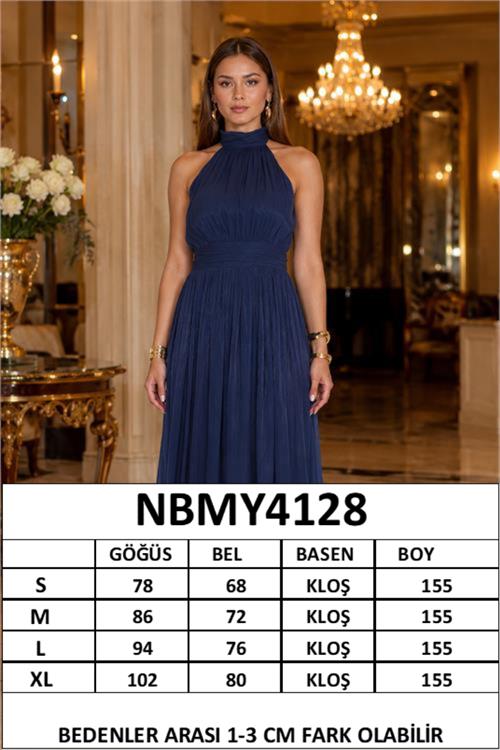 Neşeli butik kadın lacivert halter yaka janjan kumaş premium abiye elbise NBMY4128 