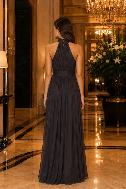 Neşeli butik kadın acı kahve halter yaka janjan kumaş premium abiye elbise NBMY4128 