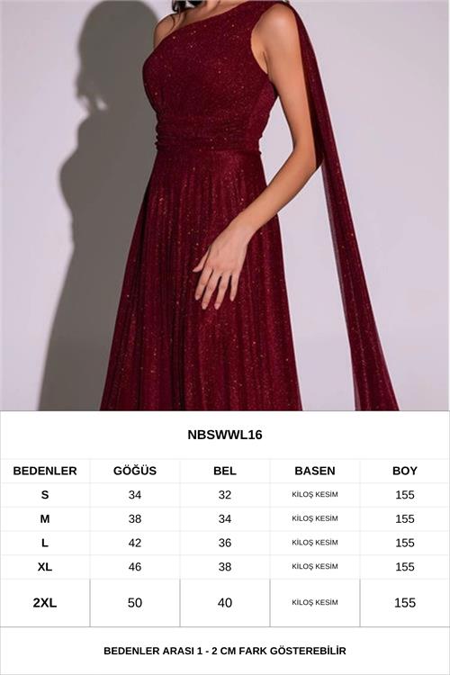 Neşeli butik kadın bordo tek omuz pilise detaylı simli tül kumaş abiye elbise NBSWLL16 