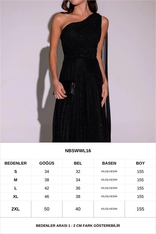 Neşeli butik kadın siyah tek omuz pilise detaylı simli tül kumaş abiye elbise NBSWLL16 