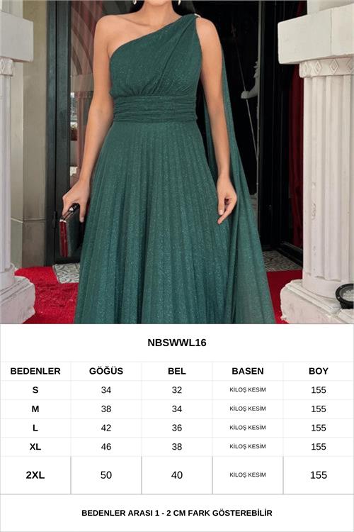Neşeli butik kadın yeşil tek omuz pilise detaylı simli tül kumaş abiye elbise NBSWLL16 