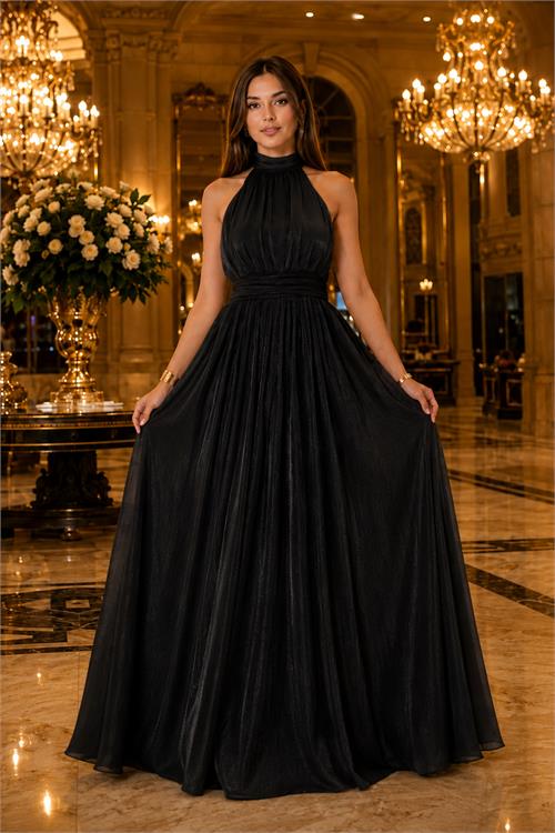 Neşeli butik kadın siyah halter yaka janjan kumaş premium abiye elbise NBMY4128 