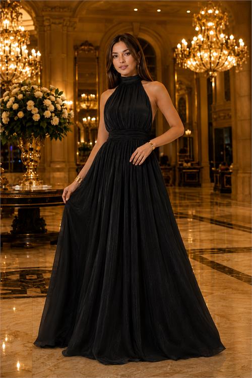 Neşeli butik kadın siyah halter yaka janjan kumaş premium abiye elbise NBMY4128 