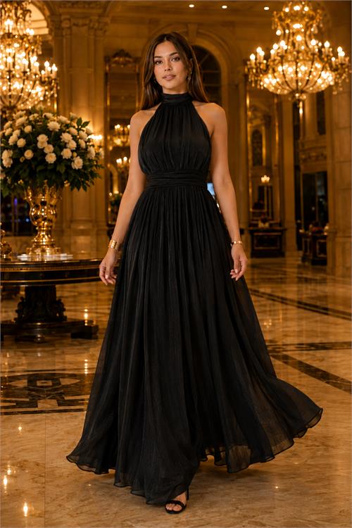 Neşeli butik kadın siyah halter yaka janjan kumaş premium abiye elbise NBMY4128 