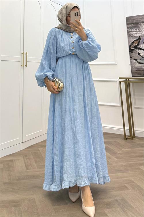 Neşeli butik kadın bebe mavi eteği fırfırlı düğme detaylı pamuklu salaş tesettür elbise NMS086 