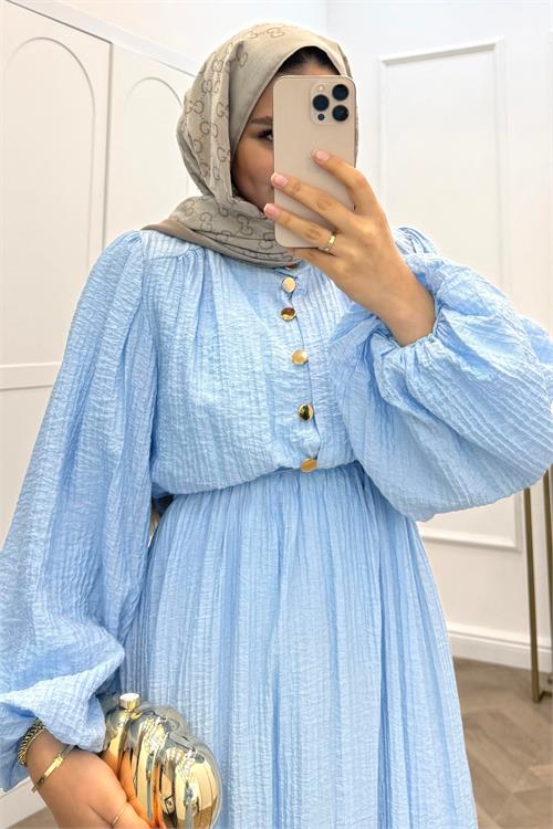 Neşeli butik kadın bebe mavi eteği fırfırlı düğme detaylı pamuklu salaş tesettür elbise NMS086 