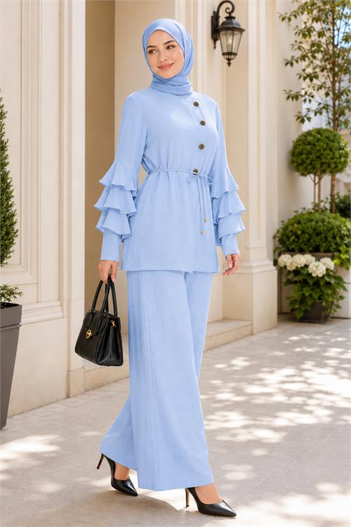Neşeli butik kadın bebe mavi kol fırıfırlı düğme detaylı ikili tesettür takım NBTKM02 