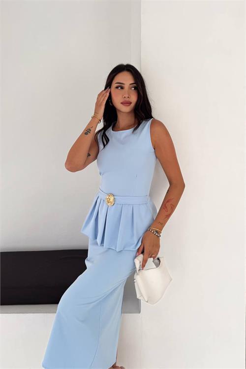 Neşeli butik kadın bebe mavi kolsuz peplum kesim midi boy kemer tokalı elbise NBK4640 