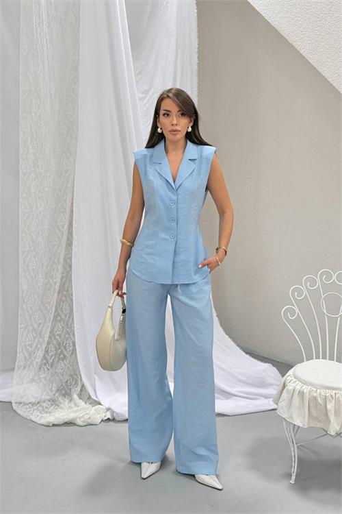 Neşeli butik kadın bebe mavi tensel kumaş düğme detaylı bağlamalı ikili takım --- NBNP029 