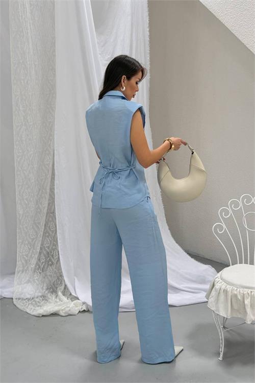 Neşeli butik kadın bebe mavi tensel kumaş düğme detaylı bağlamalı ikili takım --- NBNP029 