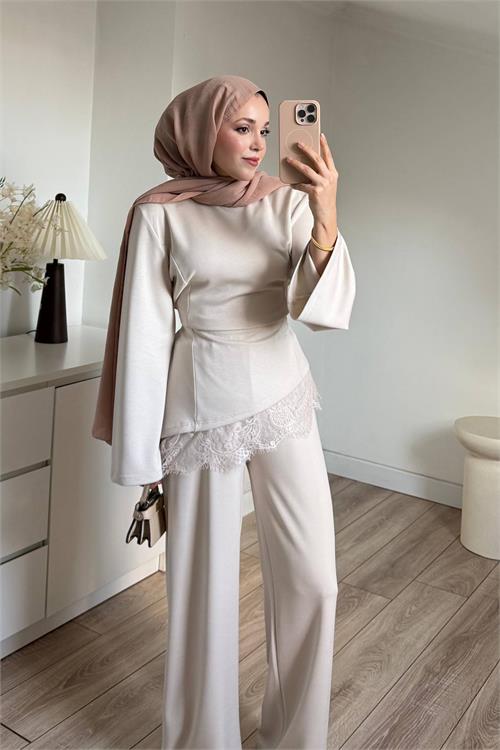 Neşeli butik kadın bej dantel detaylı geniş kol modal kumaş tesettür takım NMS105 