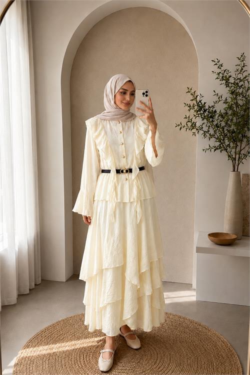 Neşeli butik kadın bej fırfır detaylı üst kat kat volanlı etek ikili tesettür takım ---NBVQ3159 