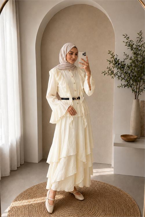 Neşeli butik kadın bej fırfır detaylı üst kat kat volanlı etek ikili tesettür takım ---NBVQ3159 