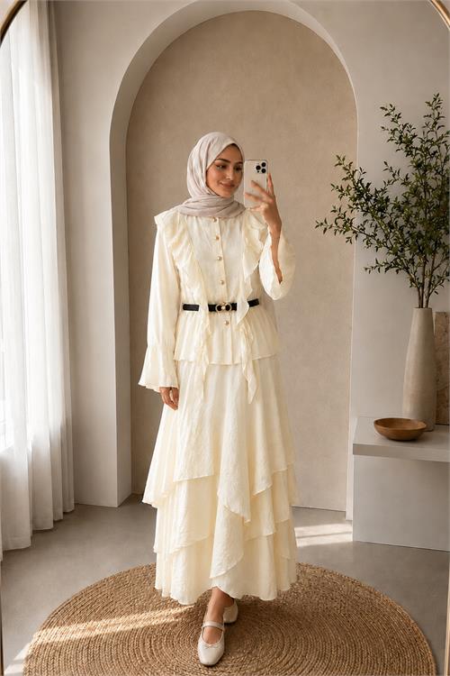 Neşeli butik kadın bej fırfır detaylı üst kat kat volanlı etek ikili tesettür takım ---NBVQ3159 
