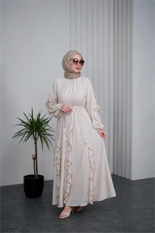Neşeli butik kadın bej fırfırlı kuşak detaylı yazlık premium tesettür elbise --- NBVQ3150 