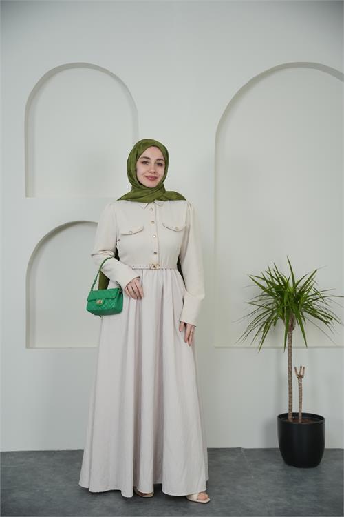 Neşeli butik kadın bej gömlek yaka düğmeli kemer detaylı tesettür elbise NBVQ4652 