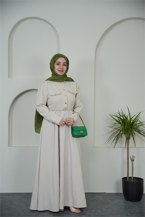 Neşeli butik kadın bej gömlek yaka düğmeli kemer detaylı tesettür elbise NBVQ4652 