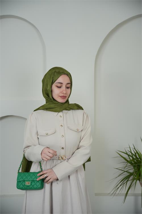 Neşeli butik kadın bej gömlek yaka düğmeli kemer detaylı tesettür elbise NBVQ4652 