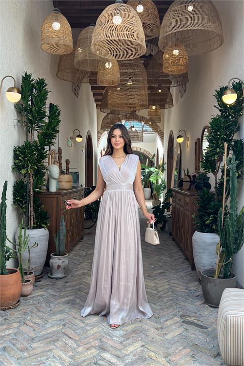 Neşeli butik kadın bej kruvaze yaka maxi boy premium elbise RYMY4057 