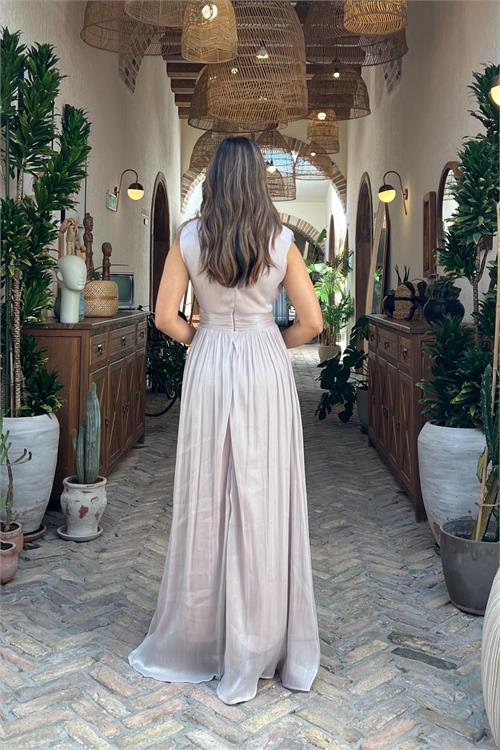 Neşeli butik kadın bej kruvaze yaka maxi boy premium elbise RYMY4057 