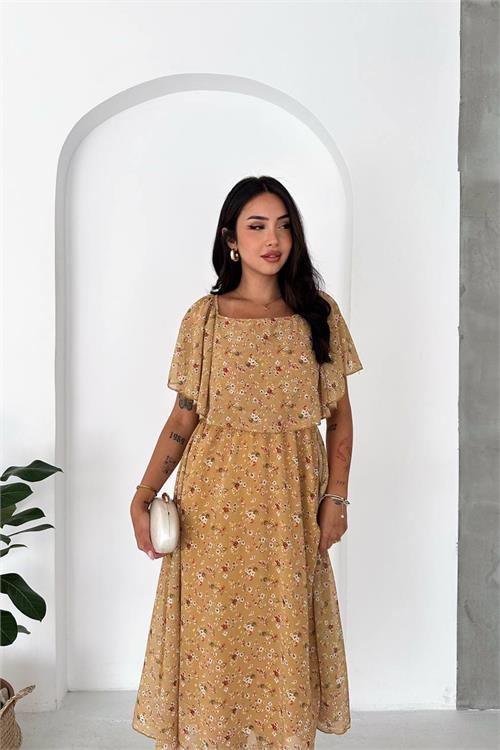 Neşeli butik kadın bej madonna yaka şifon desenli midi boy elbise NBK091 
