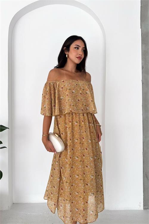 Neşeli butik kadın bej madonna yaka şifon desenli midi boy elbise NBK091 