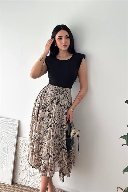 Neşeli butik kadın bej modern kesim vatkalı asimetrik kesim mermer desen elbise NBK4593 