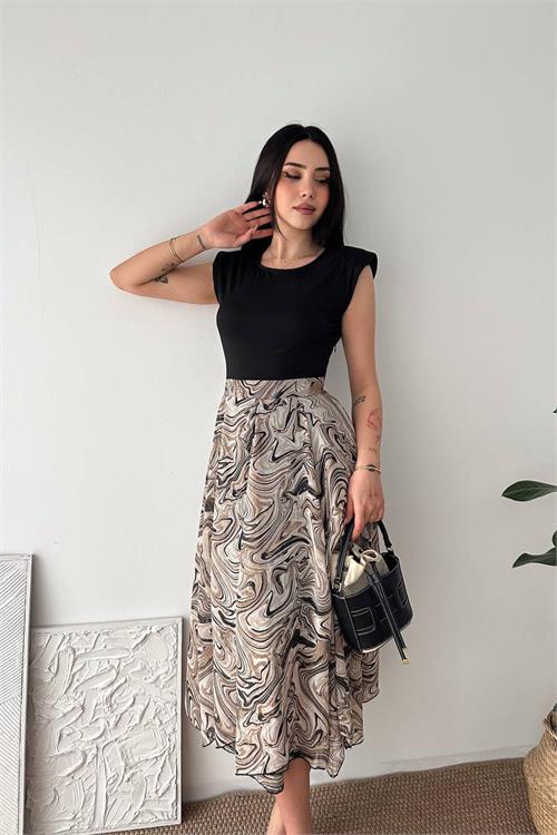 Neşeli butik kadın bej modern kesim vatkalı asimetrik kesim mermer desen elbise NBK4593 