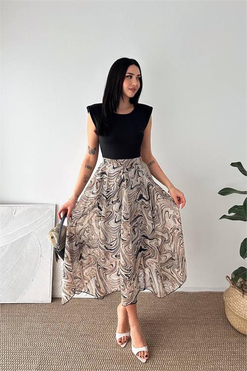 Neşeli butik kadın bej modern kesim vatkalı asimetrik kesim mermer desen elbise NBK4593 