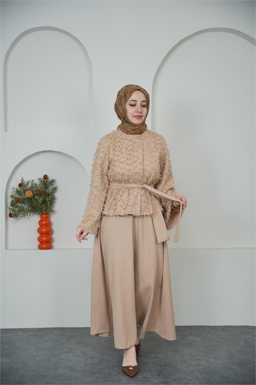 Neşeli butik kadın bej püskül kumaş bağlama detaylı etekli tesettür takım ---- NBVQ3144 