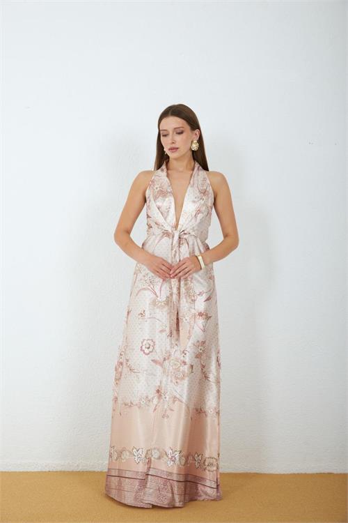 Neşeli butik kadın bej saten kumaş yırtmaçlı çiçek desen bağlamalı maxi elbise NBMY4109 