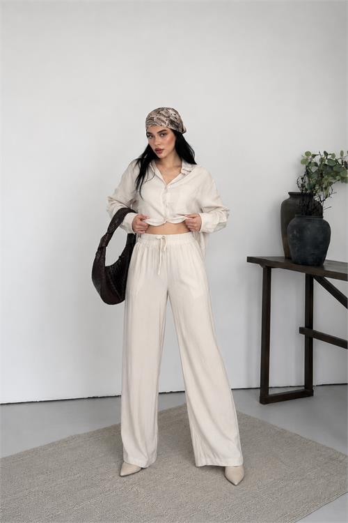 Neşeli butik kadın bej tensel kumaş oversize gömlek pantolon ikili takım NBNP037 