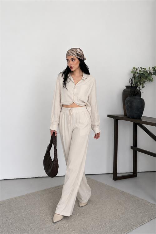 Neşeli butik kadın bej tensel kumaş oversize gömlek pantolon ikili takım NBNP037 