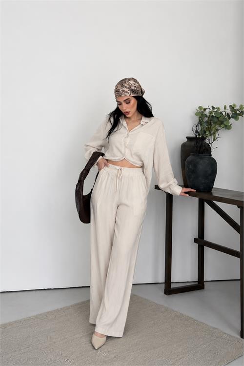 Neşeli butik kadın bej tensel kumaş oversize gömlek pantolon ikili takım NBNP037 