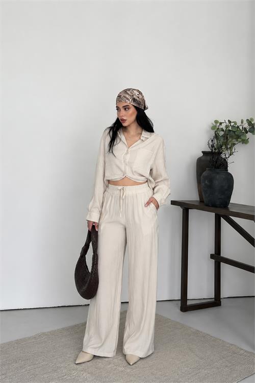 Neşeli butik kadın bej tensel kumaş oversize gömlek pantolon ikili takım NBNP037 