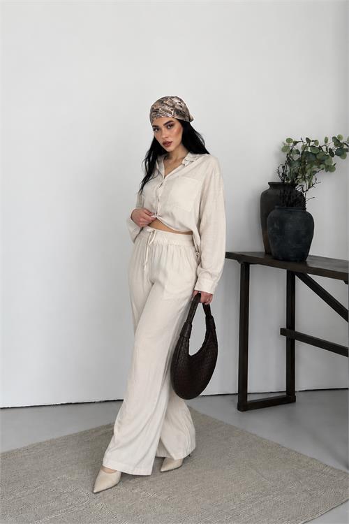 Neşeli butik kadın bej tensel kumaş oversize gömlek pantolon ikili takım NBNP037 