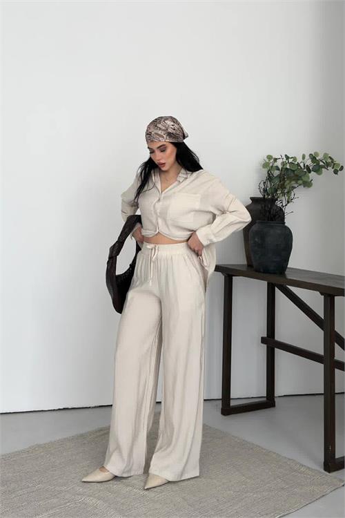 Neşeli butik kadın bej tensel kumaş oversize gömlek pantolon ikili takım NBNP037 